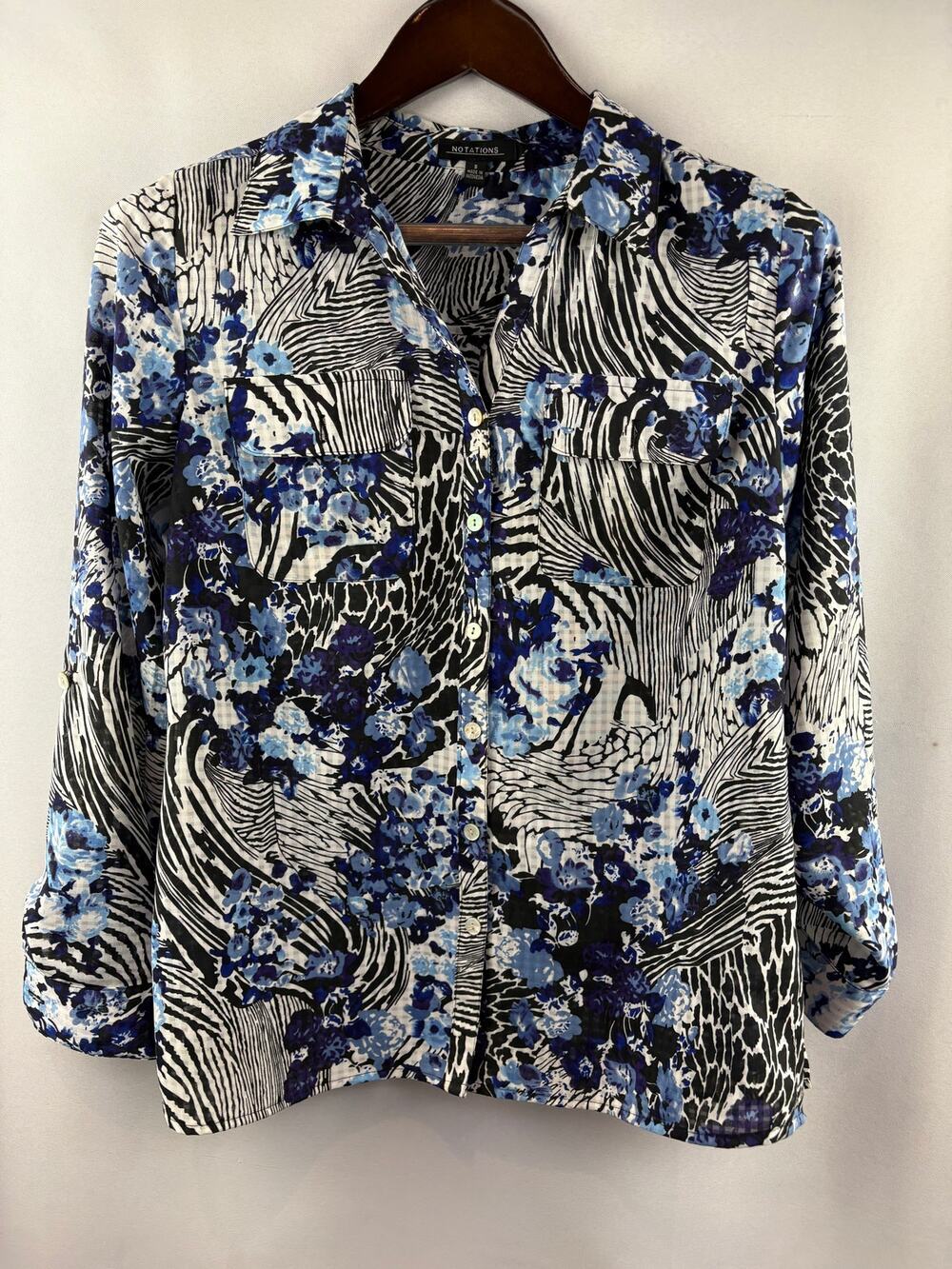 Women’s Notations Small Blue, Black, & White Patterned Blouse